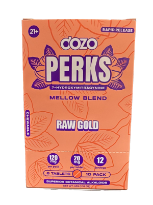 Dozo Perks Rapid Release 7-Hydroxy Tablets – Raw Gold (6ct Pack, 20mg Each, 10 Packs per Display)