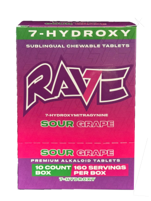 Rave Kratom 7-Hydroxy Extract Tablets – Sour Grape Flavor (4ct Pack, 10 Packs per Display)
