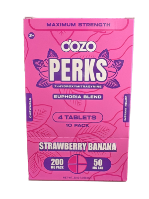 Dozo Perks Maximum Strength 7-Hydroxy Tablets – Strawberry Banana (4ct Pack, 50mg Each, 10 Packs per Display)