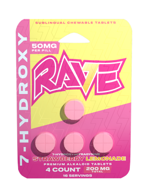 Rave Kratom 7-Hydroxy Extract Tablets – Strawberry Lemonade Flavor (4ct Pack, 10 Packs per Display)